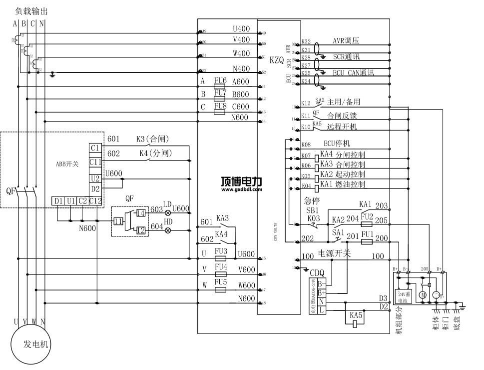 580KW柴油發電機并機柜線路電氣圖